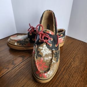 Sperry Top Siders Christmas Snowflakes Sequins Flats Boat Shoes Loafer Sz 9 EUC